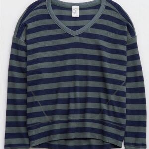 Aerie Women’s Striped Waffle Knit Top, Navy Blue & Green